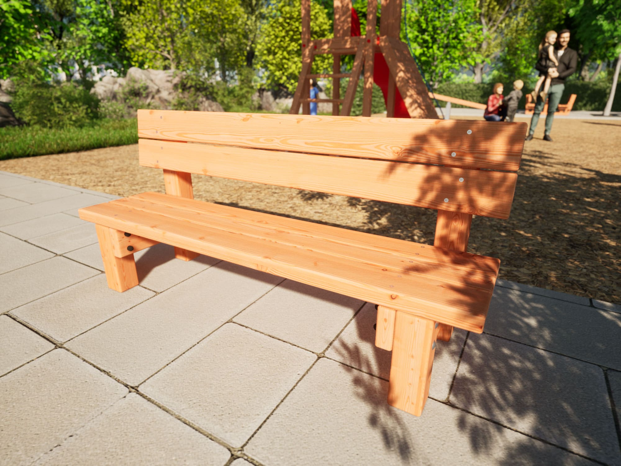 Kindersitzbank mit Lehne aus Holz vor einem Spielplatz