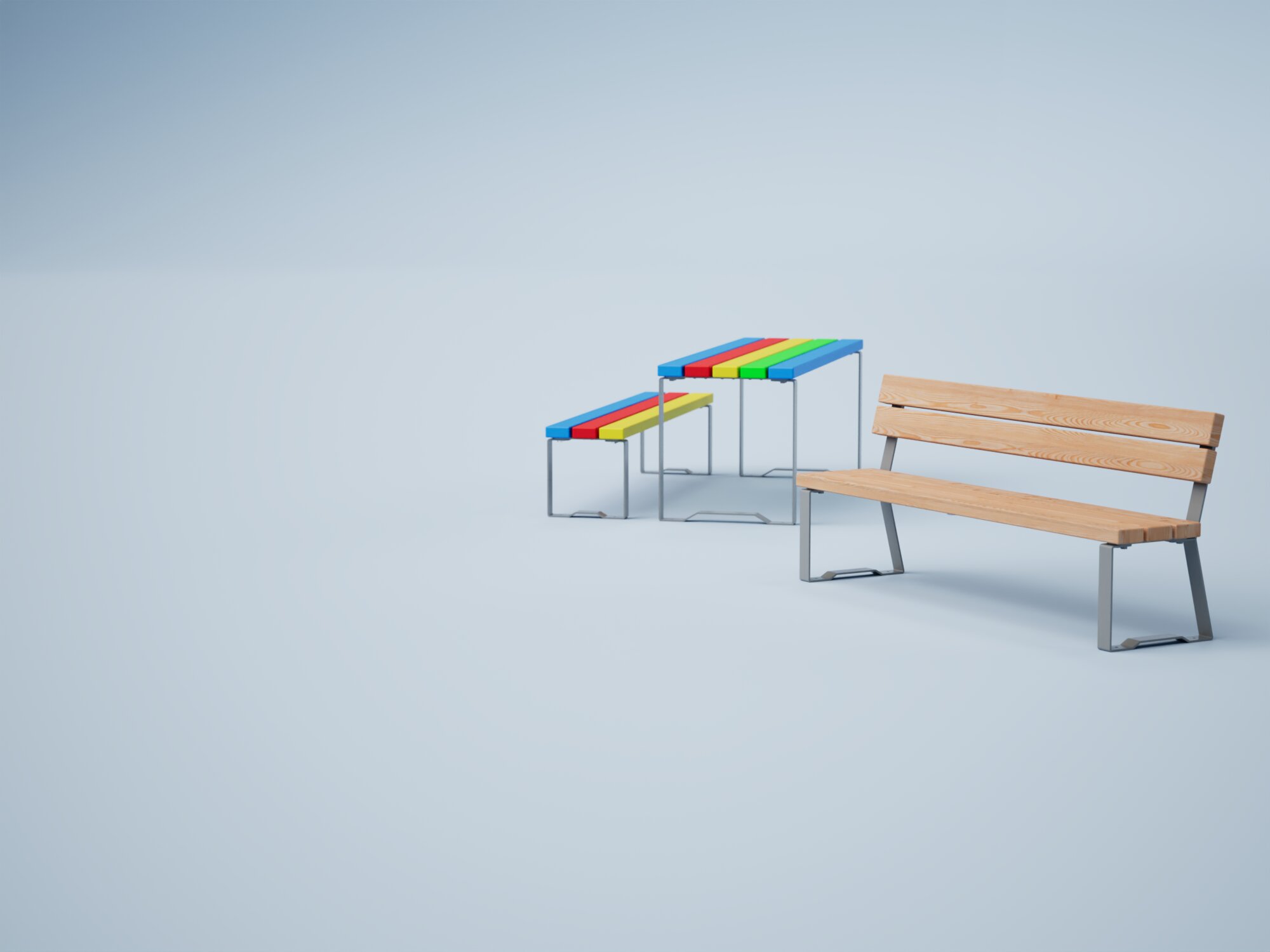 Übersicht der hochwertige Sitzbank Optica für Kinder aus Lärchenholz und Regenbogenfarben