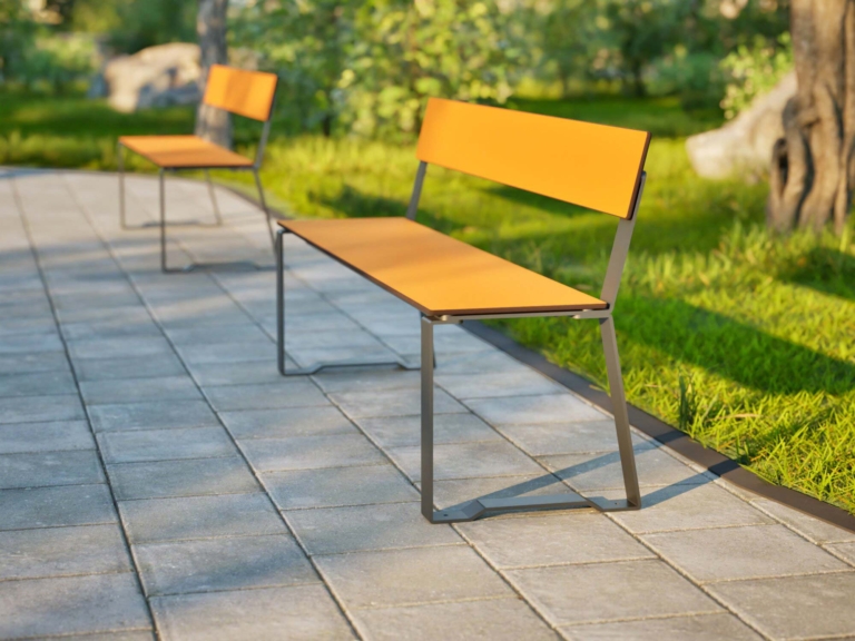 Parkbank mit Lehne HPL in Gelb im Park