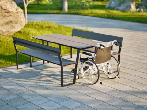 Picknicktisch mit Lehne aus HPL mit Rollstuhl in Grau