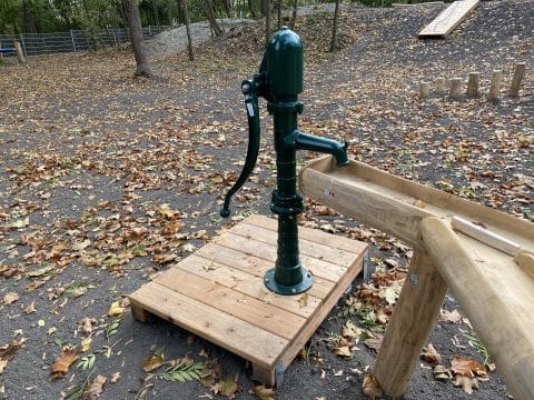 Grüne Wasserpumpe auf Holzsteher vor Wasserrinne kaufen