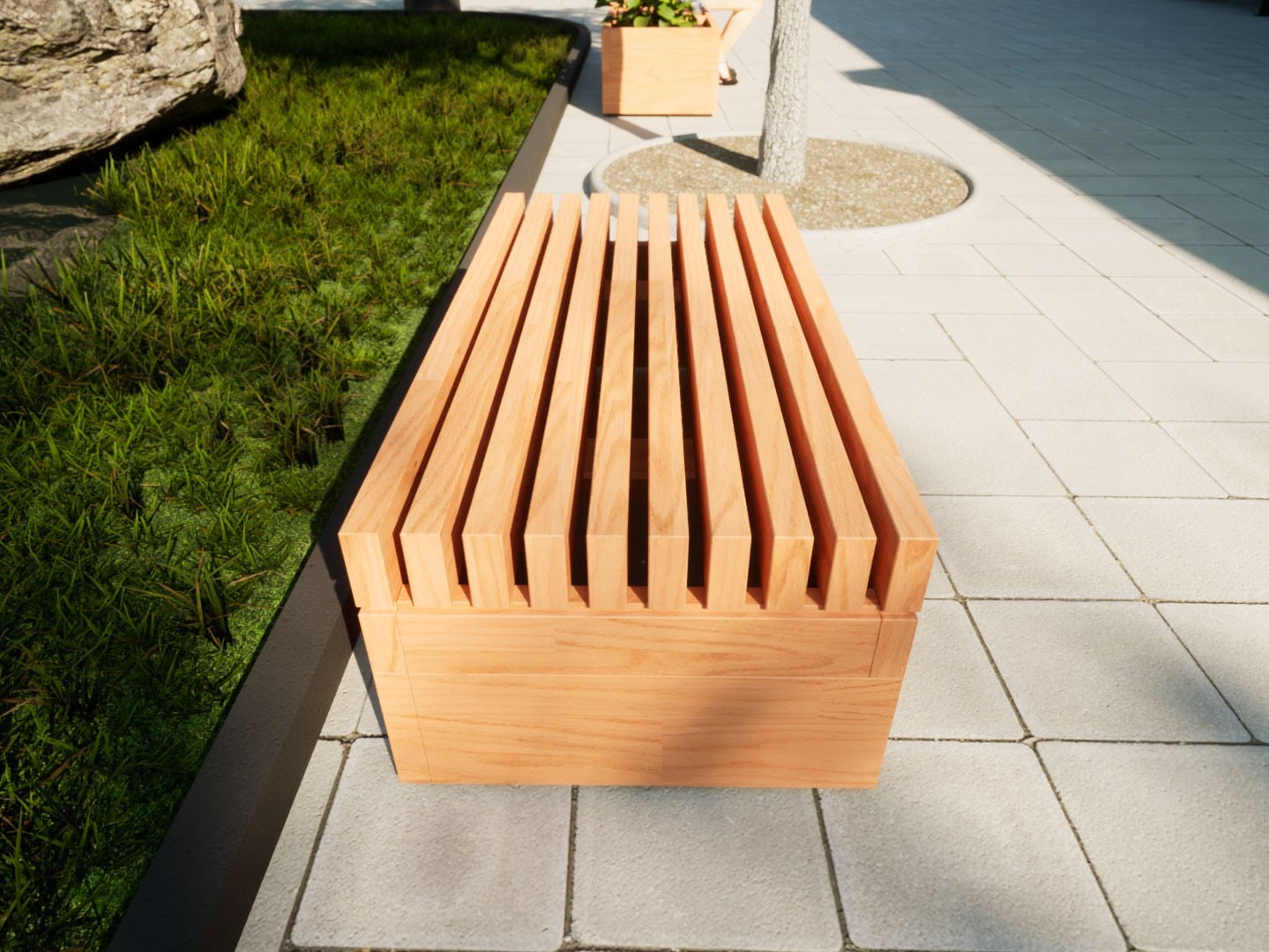 Moderne Sitzbank ohne Lehne aus Lärchenholz