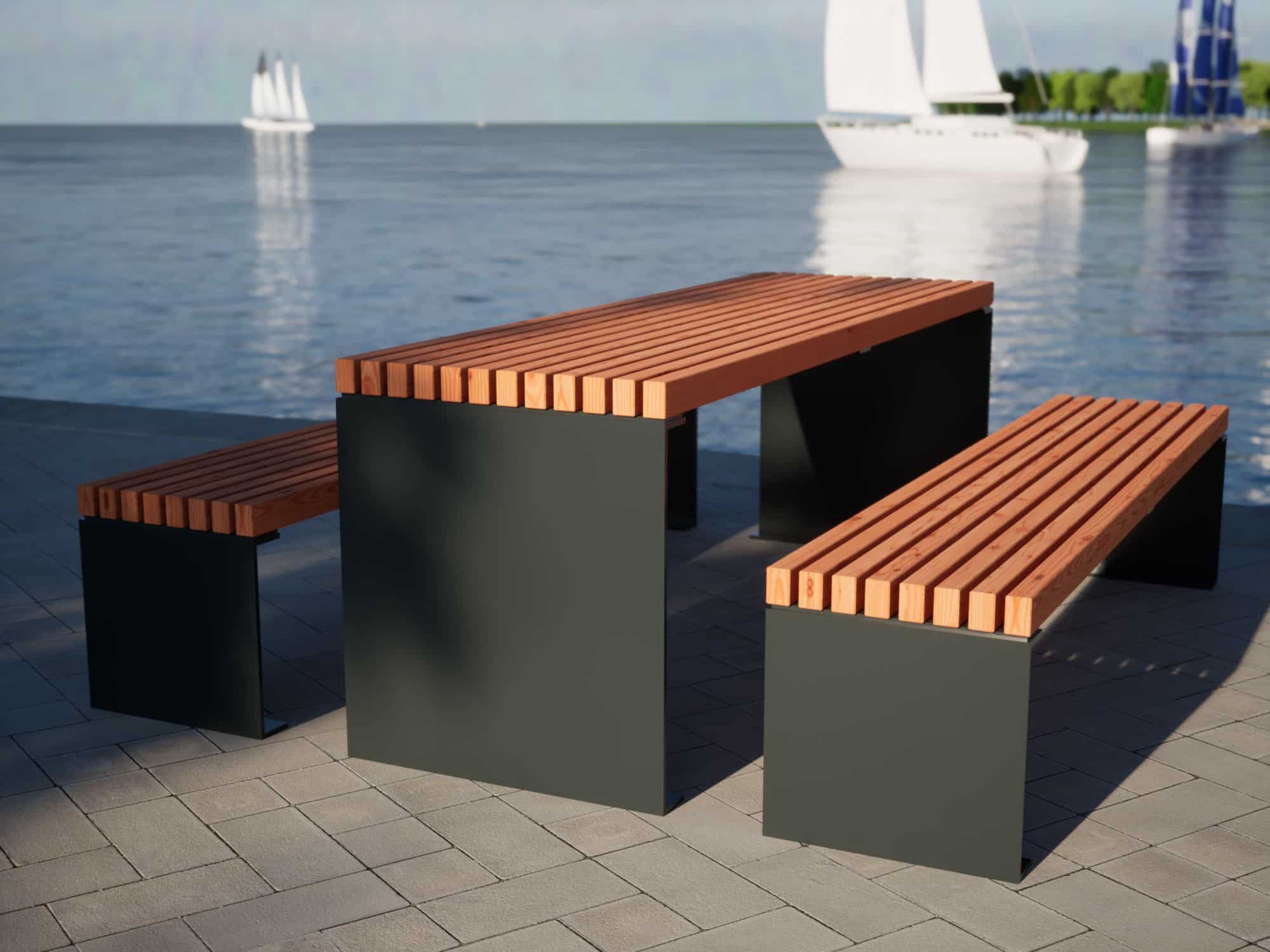 Sitzmöbel und Tisch aus Holz und Metall im modernen Design