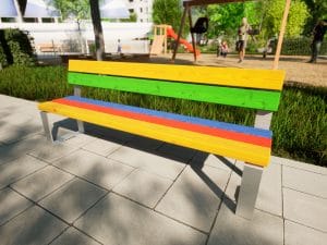 Sitzbank mit Lehne in bunten Farben für Kinder im Park