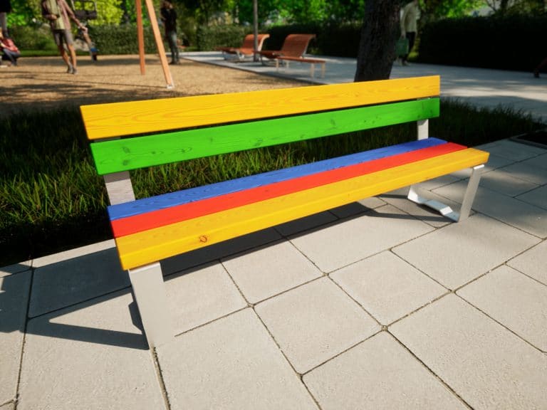 Sitzbank in Bunten Farben mit Lehne für Kinder im Park