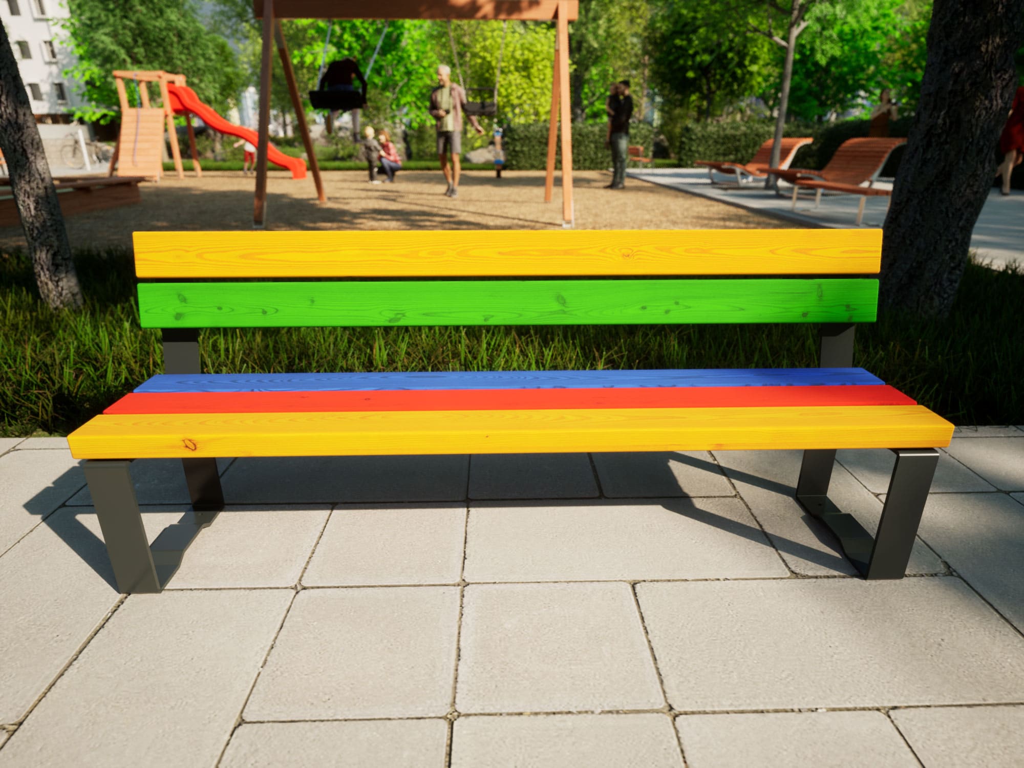 Sitzbank in Bunten Farben und Anthrazit mit Lehne für Kinder am Spielplatz
