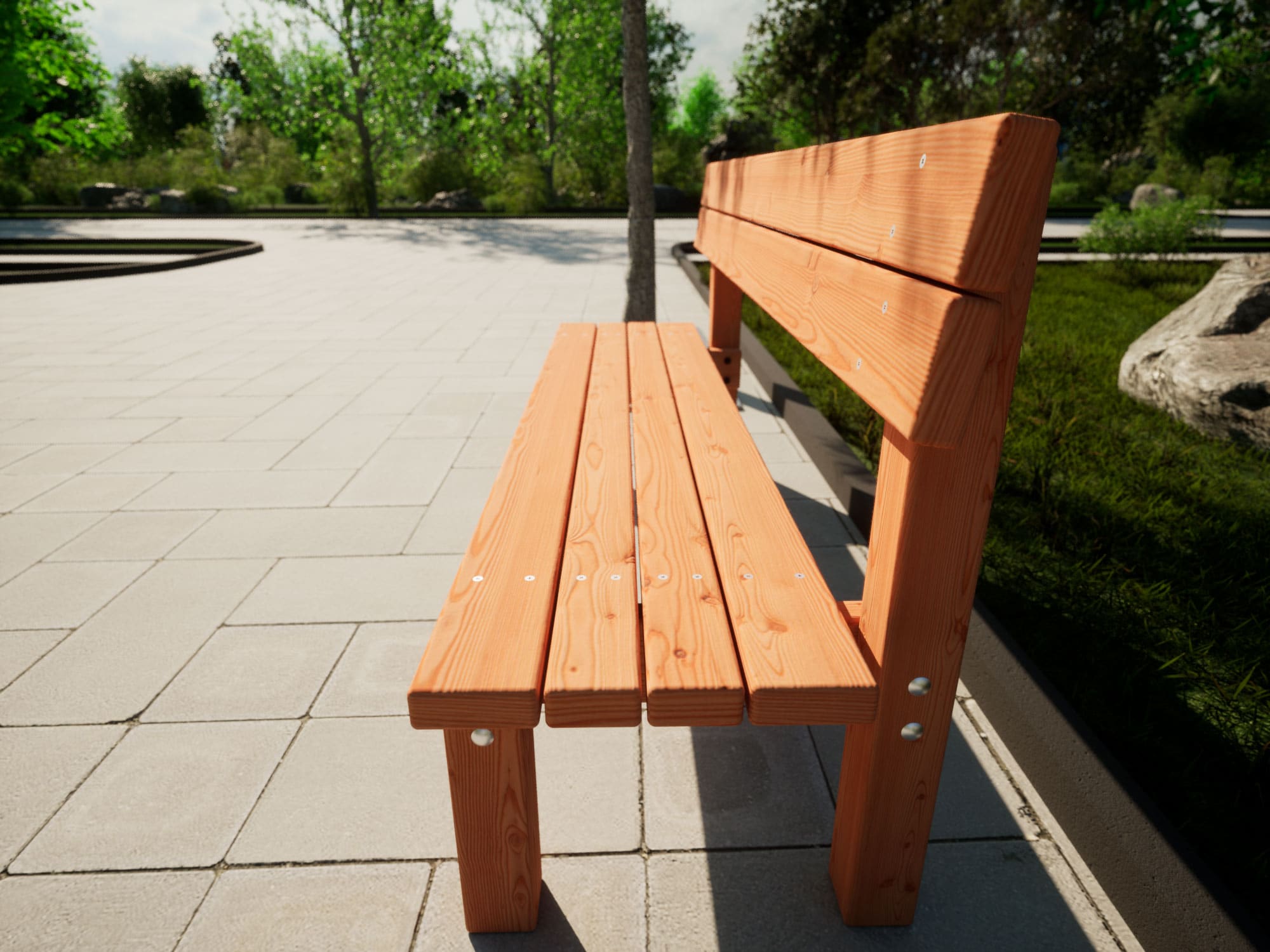 Seitliches Ansicht einer Sitzbank aus Holz auf einem öffentlichen Platz