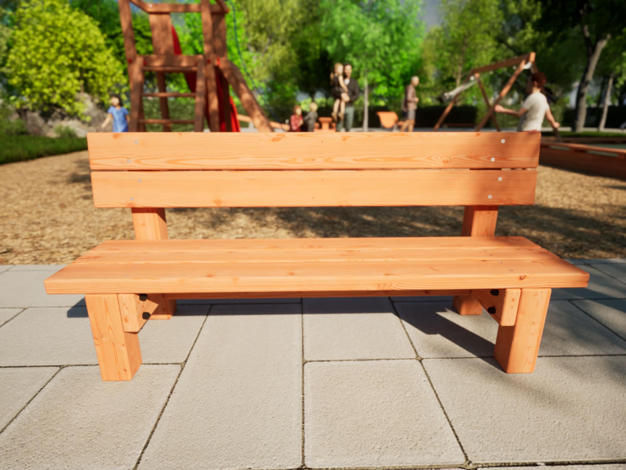 Sitzbank für Kinder aus Lärchenholz vor einem Spielplatz