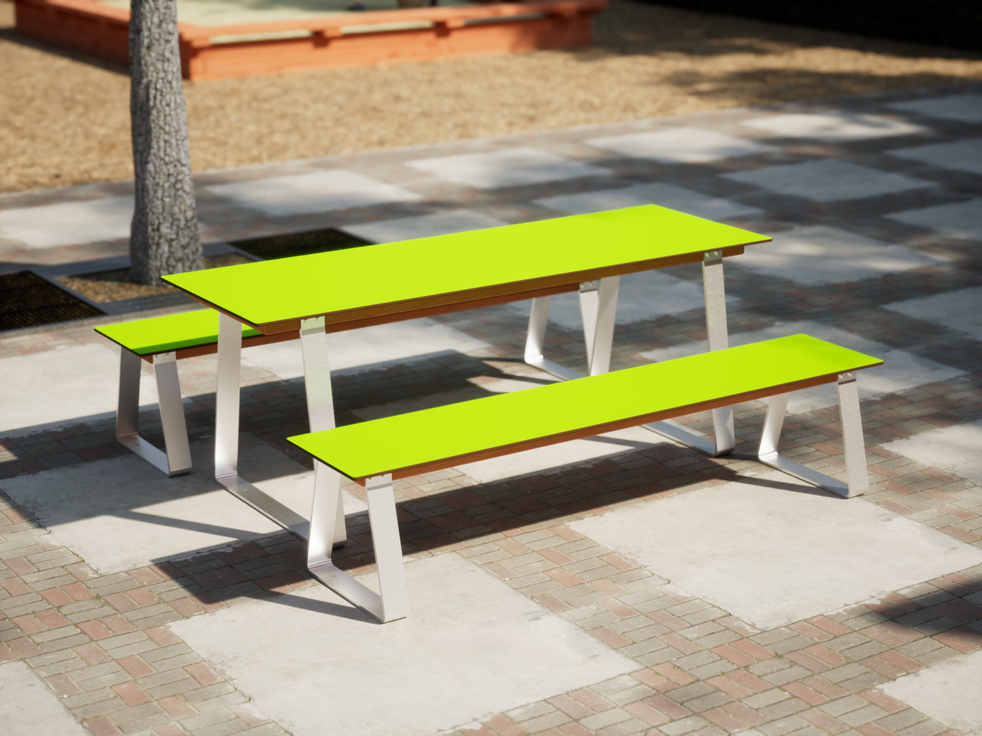 Sitzbänke und Tisch für den Kindergarten in grün