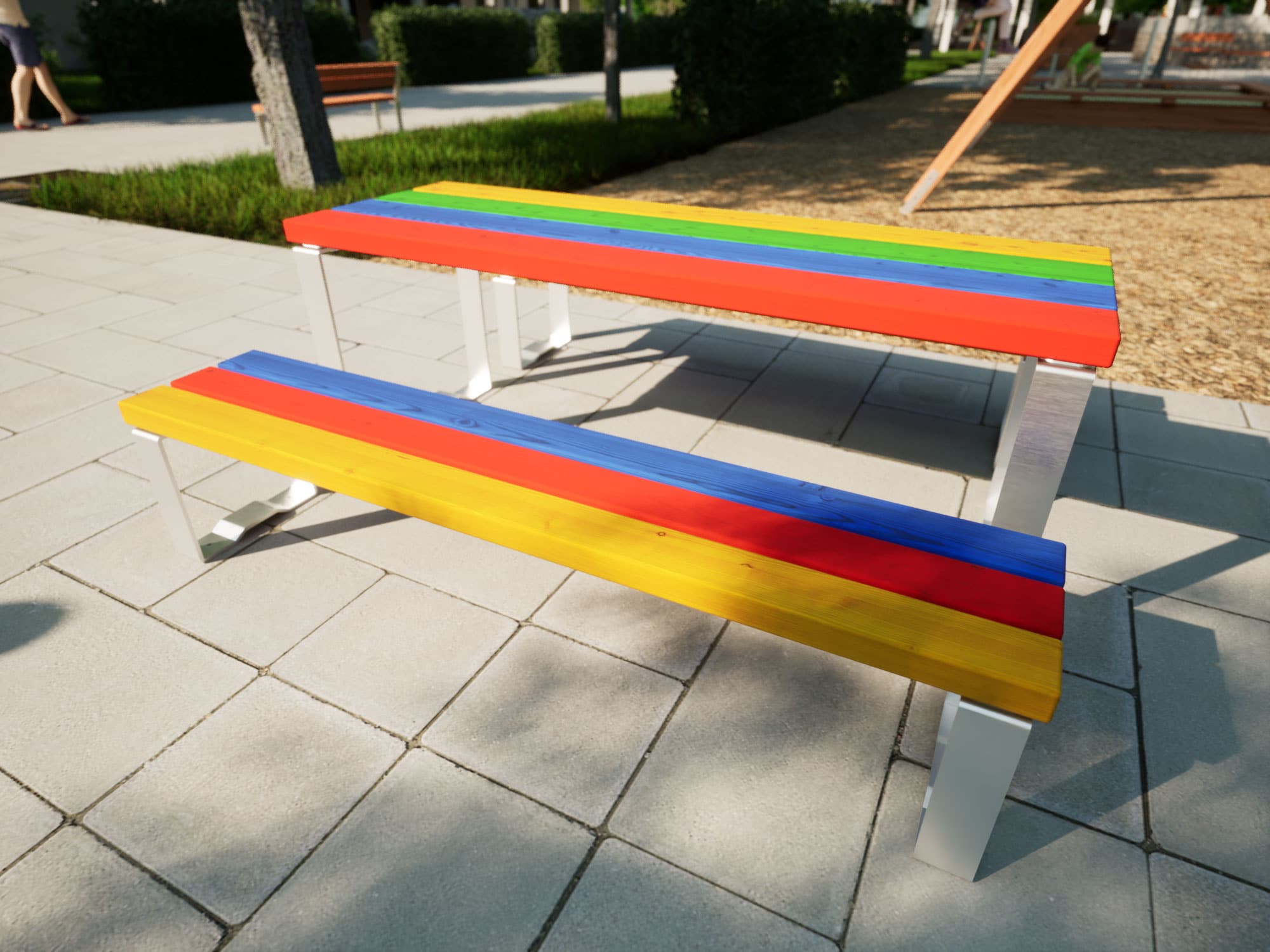 Bänke und Tische in bunten Farben für Kinder am Spielplatz