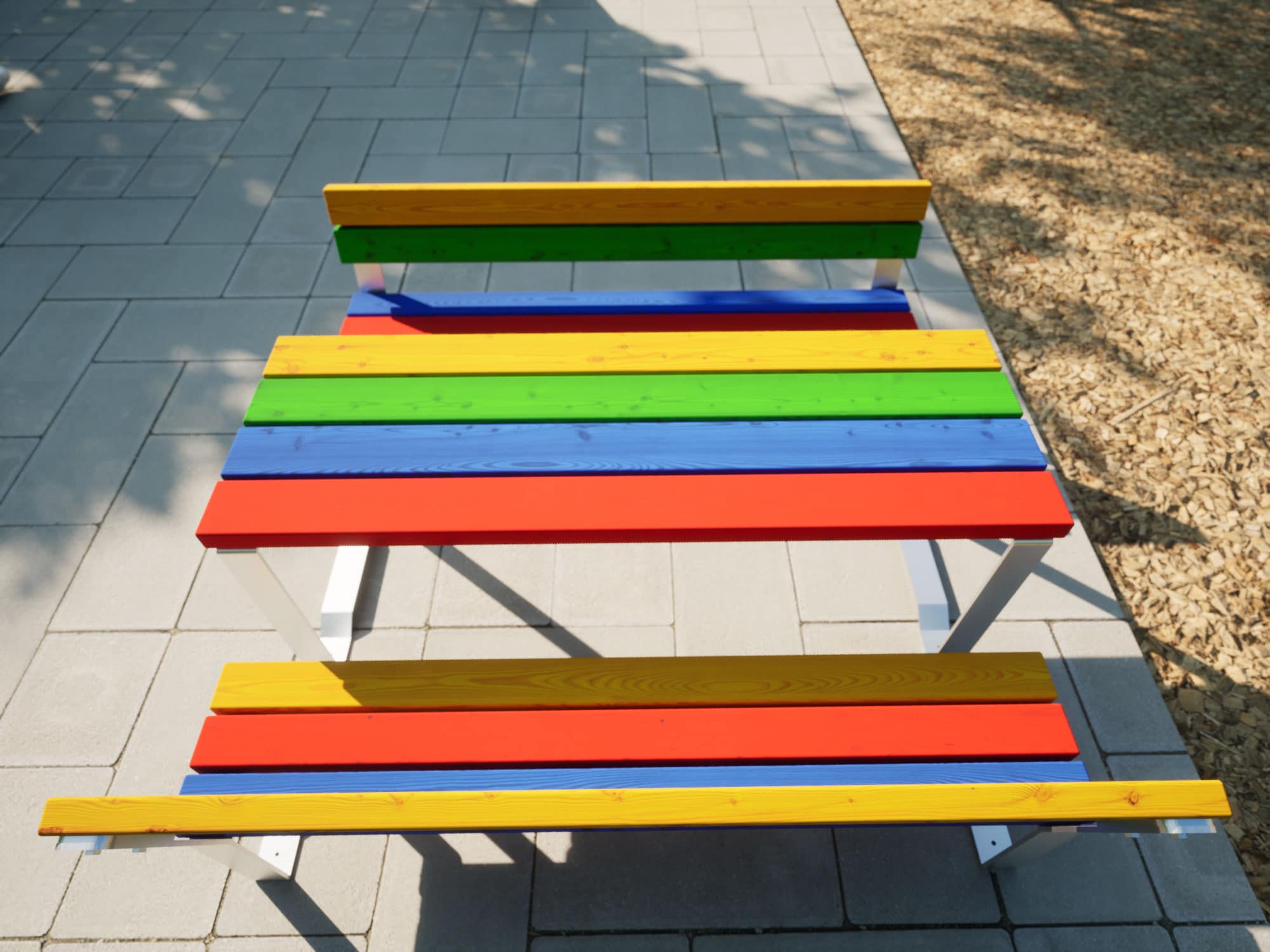 Bänke und Tische in bunten Farben für Kinder von Oben