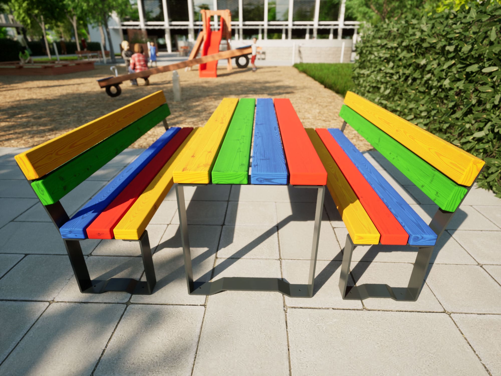 Bänke und Tische in bunten Farben und Anthrazit für Kinder am Spielplatz