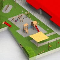 Zeichnung einer Spielplatzplanung mit Schaukeln und Spielgeräte