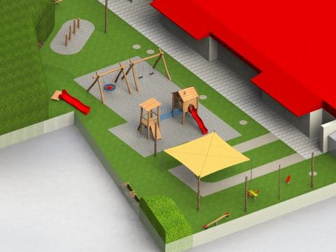 Zeichnung einer Spielplatzplanung mit Schaukeln und Spielgeräte