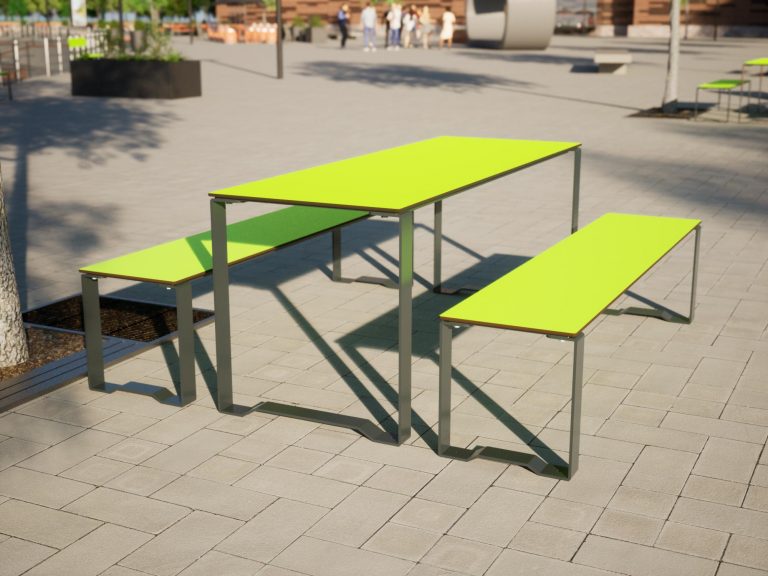 Stadtmobiliar Sitzbänke mit Tisch im öffentlichen Bereich in Anthrazit