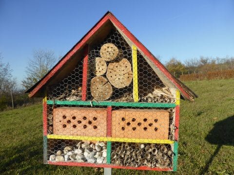 Insektenhotel mit verschiedenen Ebenen für die Tiere auf der Wiese