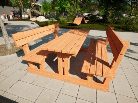 Tisch Bank Kombination mit Lehne aus Holz in einem Park