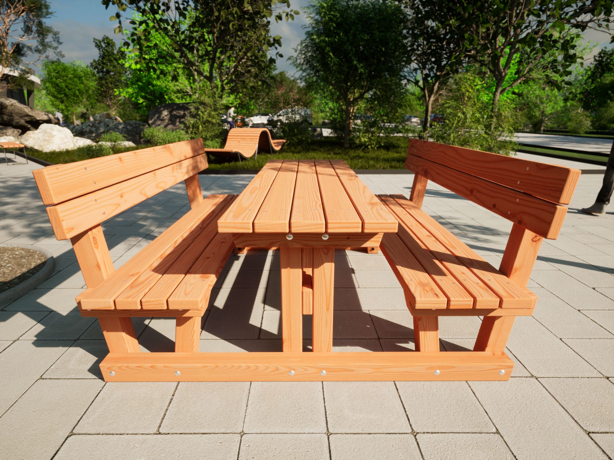 Tisch Bank Kombination mit Lehne aus Holz in einem Park