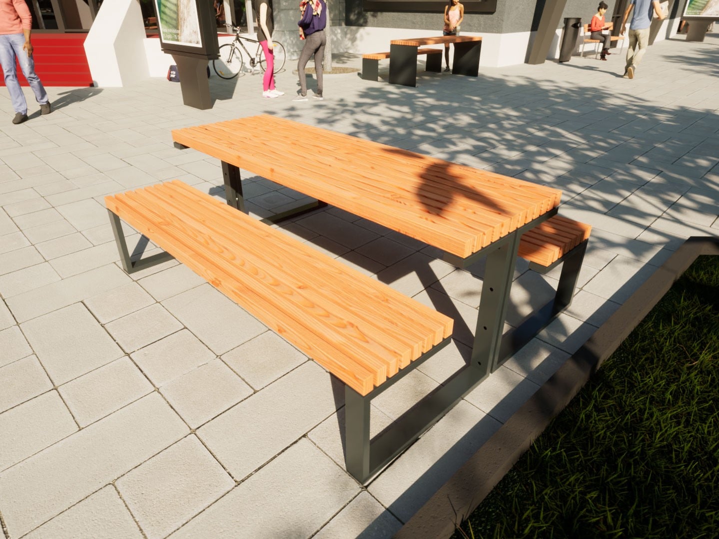 Picknicktisch auf öffentlichem Platz mit Lamellen aus Lärchenholz